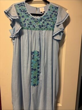 Light Blue Embroidered Ruffle-Sleeve Womens Dress